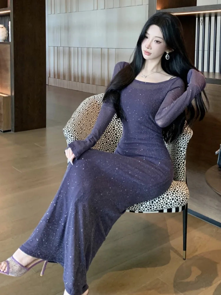 Women's Dress Suits Slash Neck Off Shoulder Spaghetti Straps Party Dresses +  Long Sleeve Bright Silk Mesh Smock Two Pieces Set