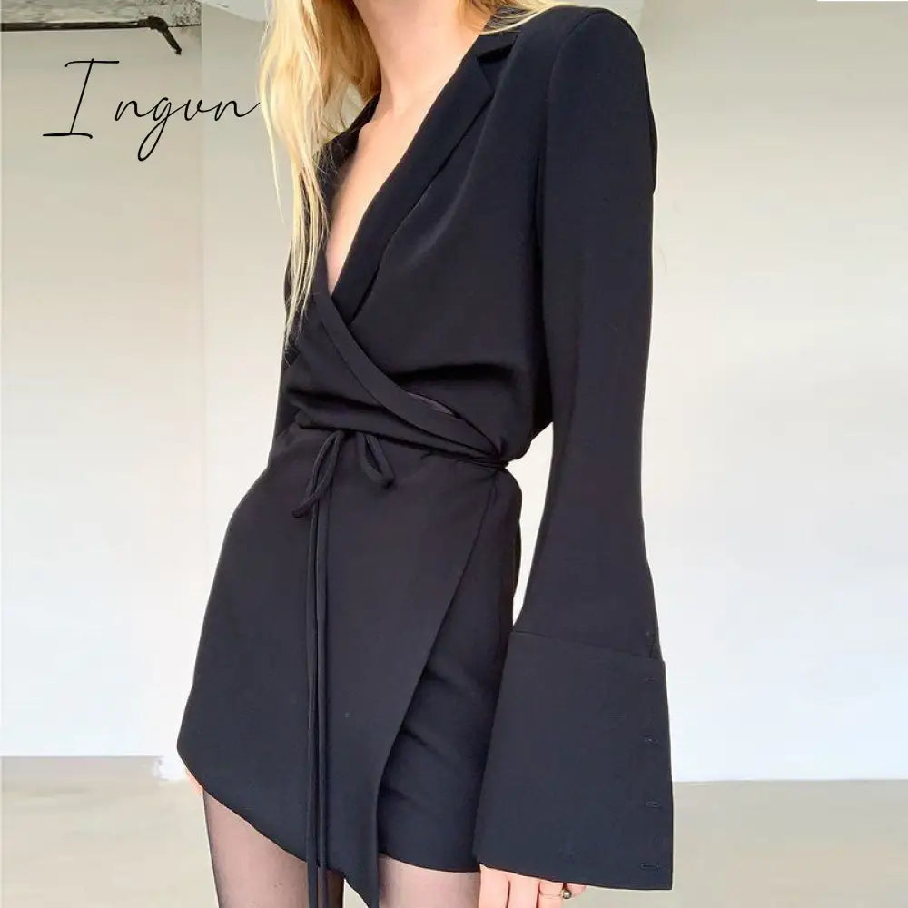Ingvn - Black Satin V-Neck Shirt Dress Women Autumn Winter Flare Sleeve Lace Up Mini Dresses Elegant Ladies Party Vestidos