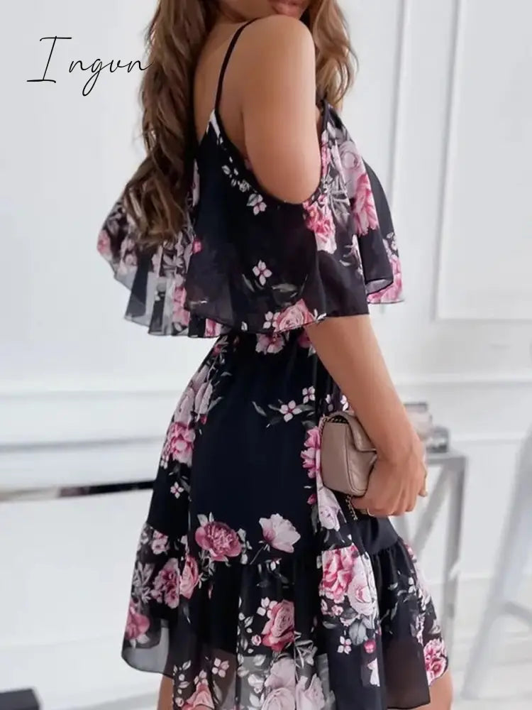 Ingvn - New Fashion Sexy Spaghetti Strap Woman Dress Summer Floral Print Off Shoulder Sundress Elegant Chiffon A-Line Beach Boho Dresses Vestidos