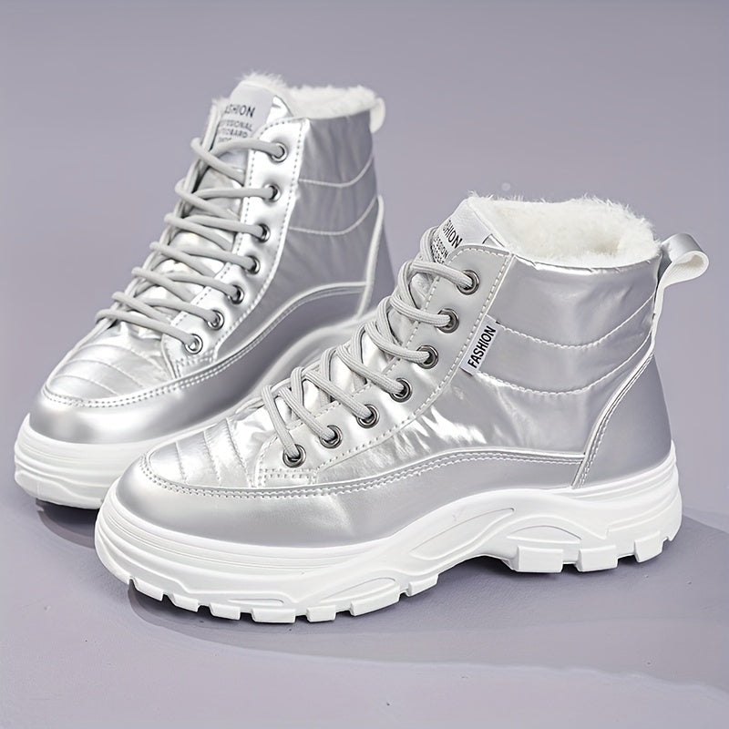 Women'S Winter Thickened Snow Boots High Top Platform Ankle Boots with Warm Fleece Lining, Solid Color, Round Toe, Low Heel, Fabric Insole, Polyurethane PU, Rubber Sole, Hand Washable