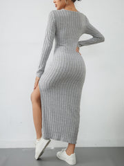 Stylish Solid Ribbed Split Dress - Elegant Women's Long Sleeve Crew Neck Dresses for Everyday Wear - Comfortable, Versatile, and Chic Clothing for Ladies