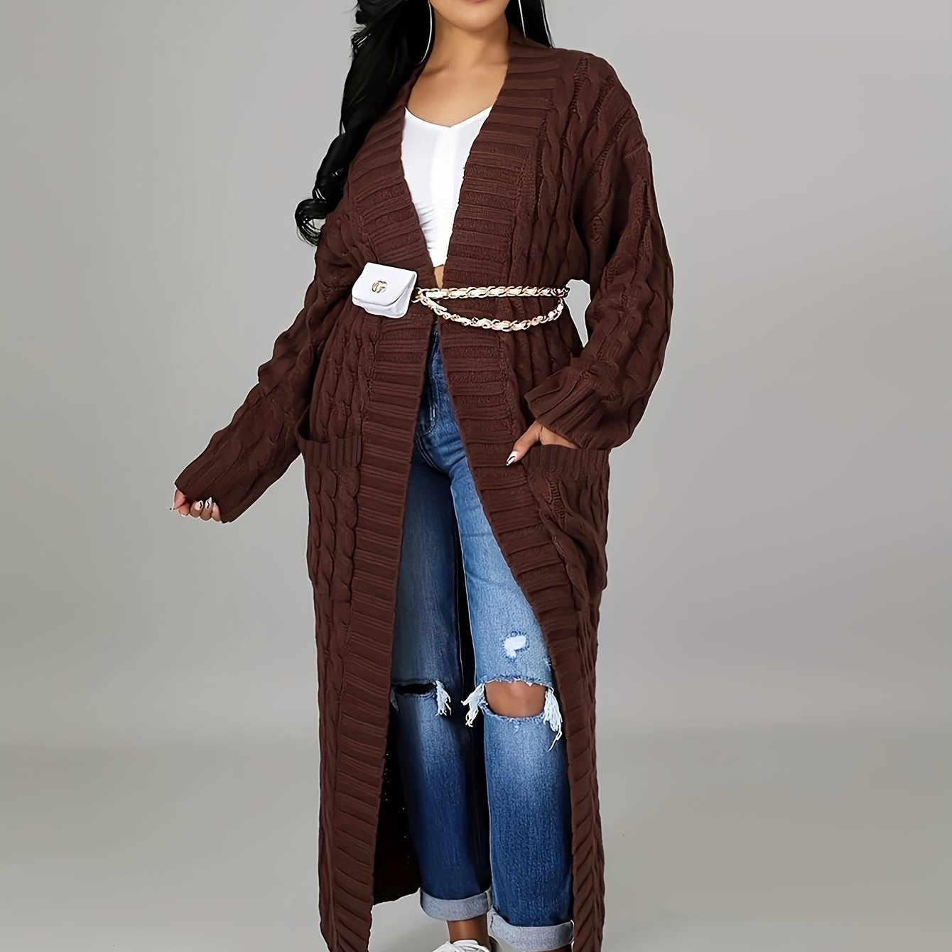 Long Length Cable Knit Cardigan, Elegant Solid Long Sleeve Sweater With Pockets, Women's Clothing