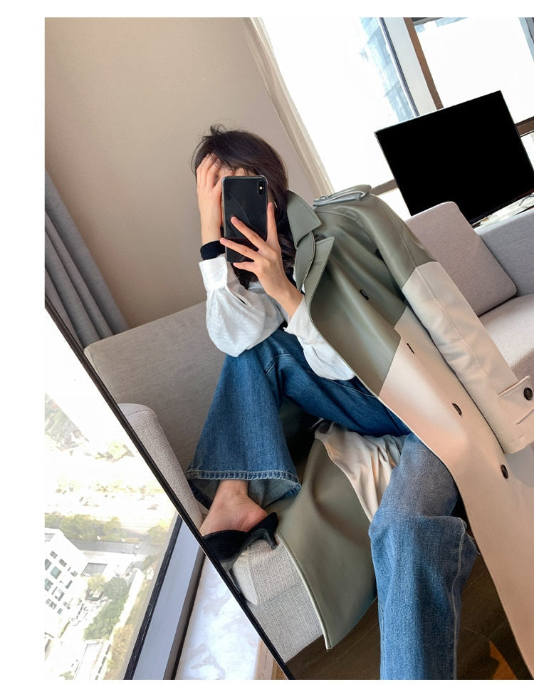 Women's Coat Spring Autumn Windbreaker Jacket Female Green Trench Quality Clothing Leather Stitching Windproof Long Ladies Cloak