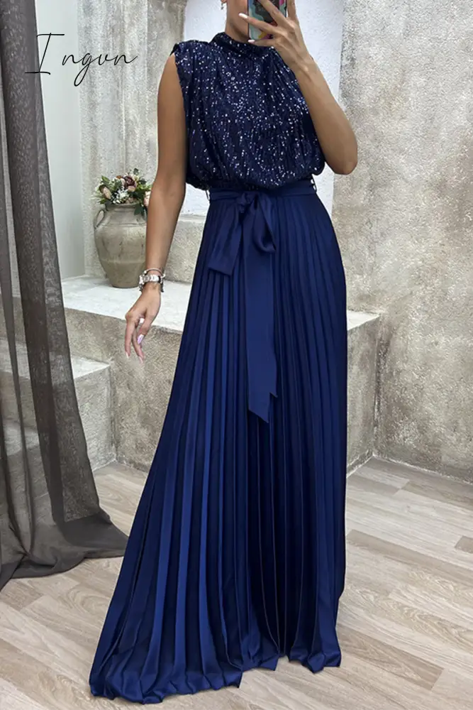 Ingvn - Elegant Solid Sequins Frenulum Fold Half A Turtleneck Evening Dress Dresses