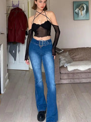 Ingvn - Hot Sell Slash Neck Sexy Black Mesh T-Shirts Women Lace Patchwork Rave Goth Clubwear Backless Halter Tie Up Spaghetti Strap Tops