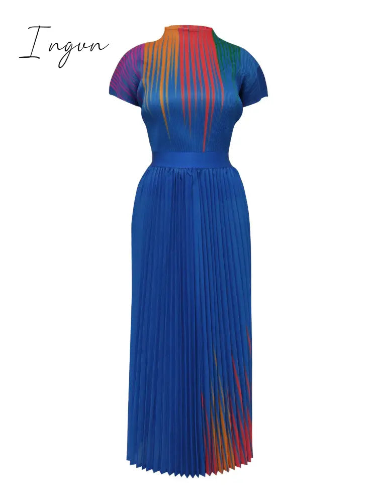 Ingvn - Long Pleated Dress Sets Women 2 Piece Outfits Summer Short Sleeve Gardient Print Swing Skirt Set Elegant Casual 2023 New In