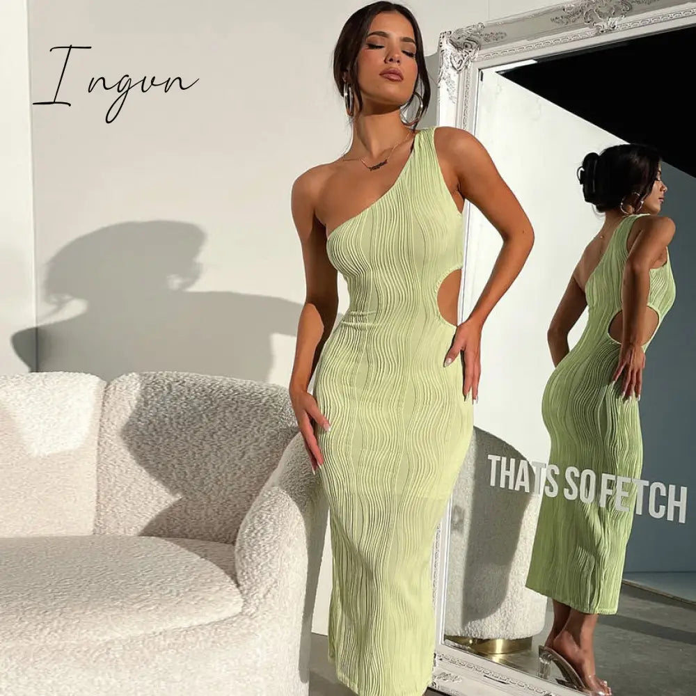 Ingvn - Irregular Sexy Cut Out Midi Dresses Club Party Sleeveless One Shoulder Textured Bodycon Dresses Outfits Vestido