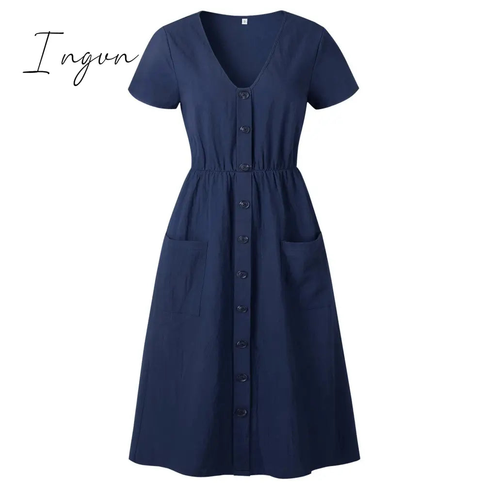 Ingvn - Cotton Linen Women Summer Dress Casual V-neck Button Pocket Short Sleeve A-line Midi Dresses For Women Vestidos