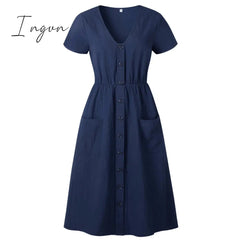 Ingvn - Cotton Linen Women Summer Dress Casual V-neck Button Pocket Short Sleeve A-line Midi Dresses For Women Vestidos
