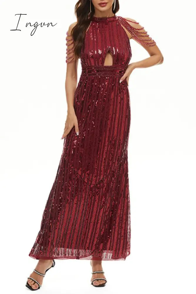 Ingvn - Celebrities Elegant Solid Sequins Patchwork O Neck Evening Dress Dresses