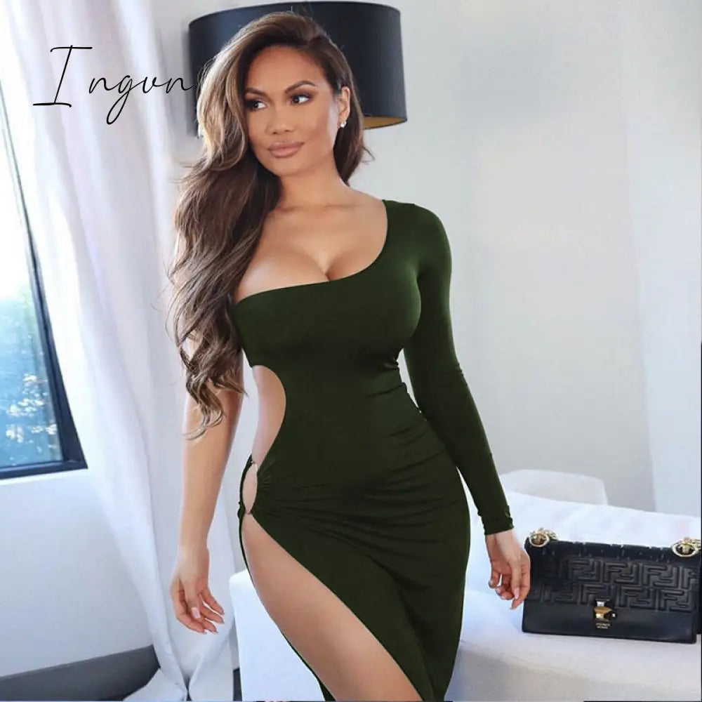 Ingvn - Summer Outfits One Shoulder Hollow Out High Split Sexy Dress Elegant Summer Dress Women Party Club Dresses Female New Black Bodycon Dress