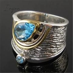 Ingvn - New Vintage Design Women Finger Rings Cocktail Party Ring Blue Water Drop Stone Noble Retro Large Accessories Ring Anillo