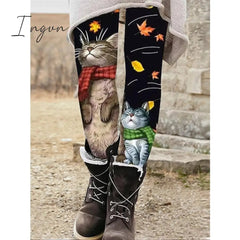 Ingvn - Women's Tights Leggings Full Length Print Stretchy High Waist Fashion Halloween Casual Daily Red & White Green S M
