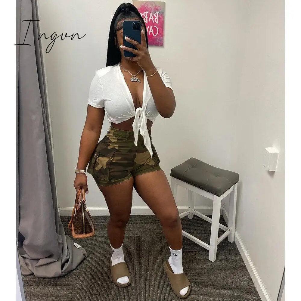 Ingvn - Summer Hight Waist Pockets Camouflage Print Camo Shorts Women Casual Sexy Cargo Shorts Streetwear Short Pants Women