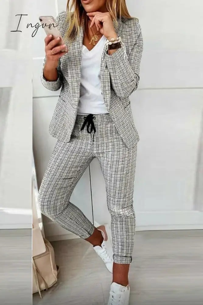 Ingvn - Casual Street Plaid Split Joint Turndown Collar Long Sleeve Two Pieces(4 Colors)