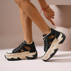Fashionable Womens Platform Sneakers - Breathable Hollow Out Design - Lightweight Summer Shoes for Stylish Outdoor Adventures - Versatile Lace-Up High Tops for All-Day Comfort