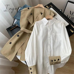 Ingvn - Office Ladies Temperament Top 2pcs Sets Tie Waist Trench Coat Vest +White Shirt Stitching Sleeves Women Korean Fashion Suit