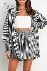 Ingvn - Casual Daily Striped Frenulum Turndown Collar Long Sleeve Two Pieces
