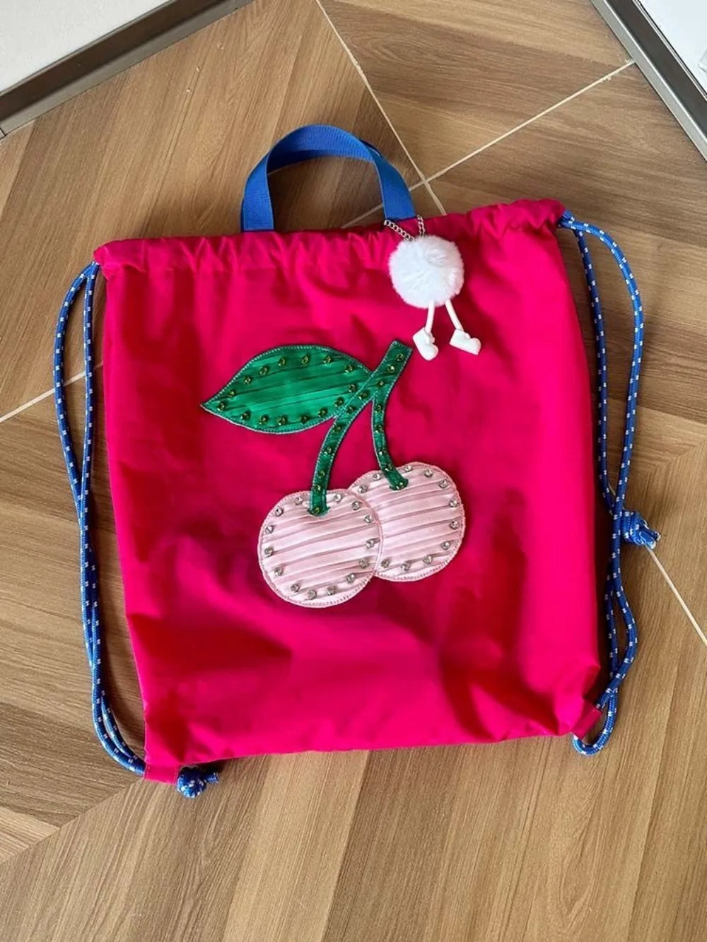 Ingvn  Practical Lovely Korea Drawstring Exquisite Backpacks Sweet Panelled Embroidery Fresh Shopping Bags Print Cherry New Handbags
