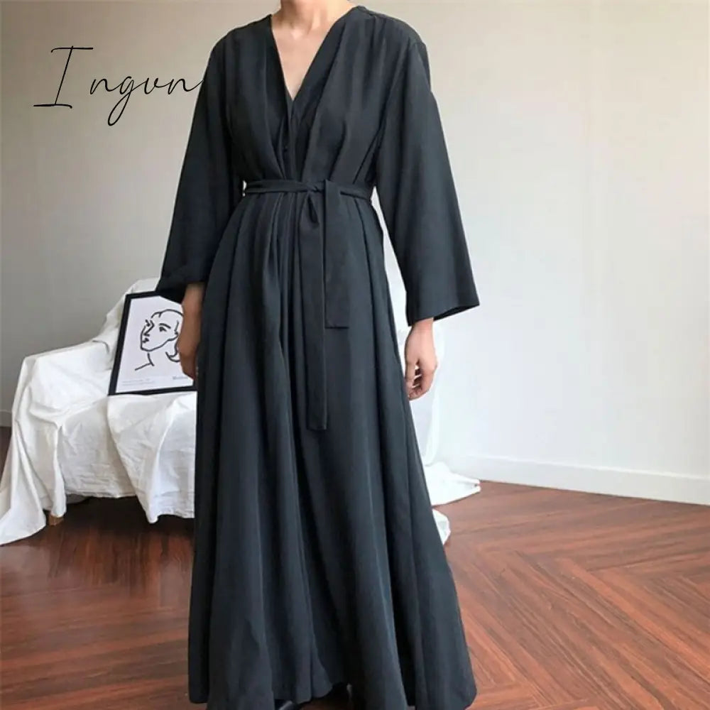 Ingvn - New Lace Up Buttons Women Spring Summer Dresses Fashionable V-Neck Vintage Oversized Lady Pure Long Dress DR1150