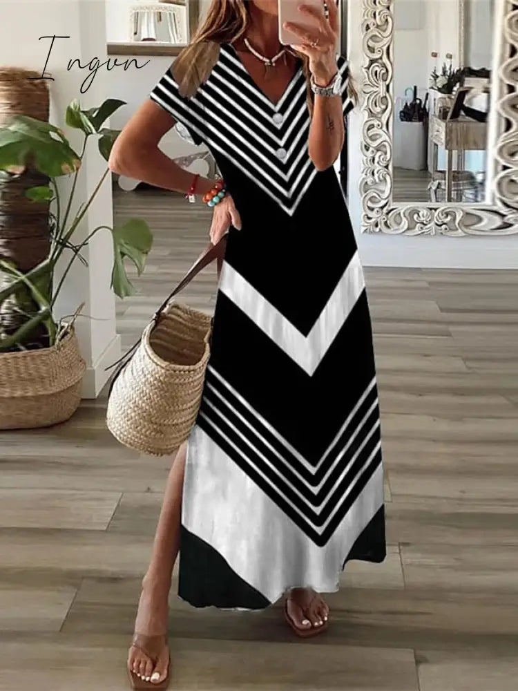 Ingvn - Women's Casual Dress T Shirt Dress Tee Dress Shift Dress Long Dress Maxi Dress Black Red Navy Blue Short Sleeve Abstract Print Spring Summer Crew Neck Fashion Daily 2023 S M L XL XXL