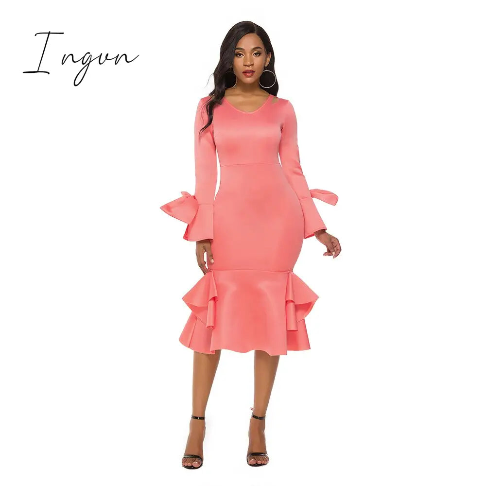 Ingvn - Women Bodycon Party Dress Long Flare Sleeves Cold Shoulder Ruffles Bowtie Elegant Slim Evening Birthday Event Robes Female 4XL