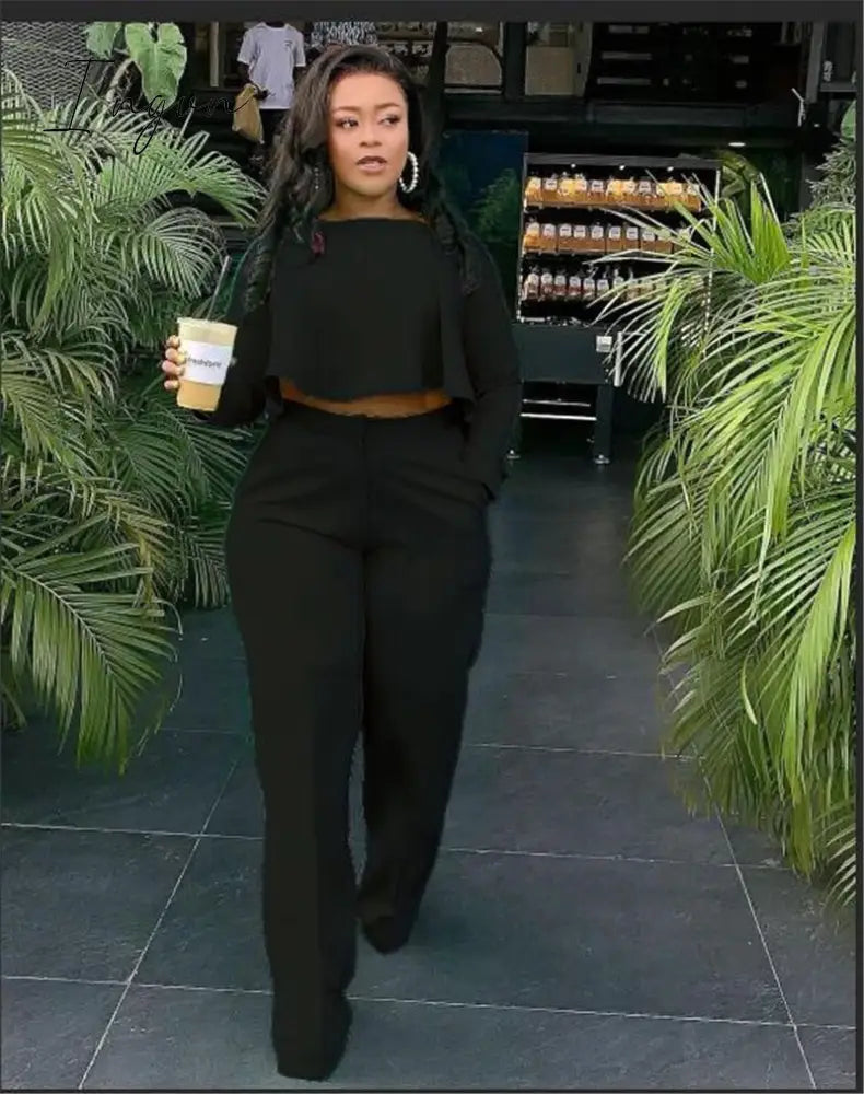 Ingvn - 2023 Elegant Work Wear Two Piece Set Fall Clothes for Women Ruffles Crop Top and Wide Leg Pants Suits Matching Sets Sexy Club Outfits
