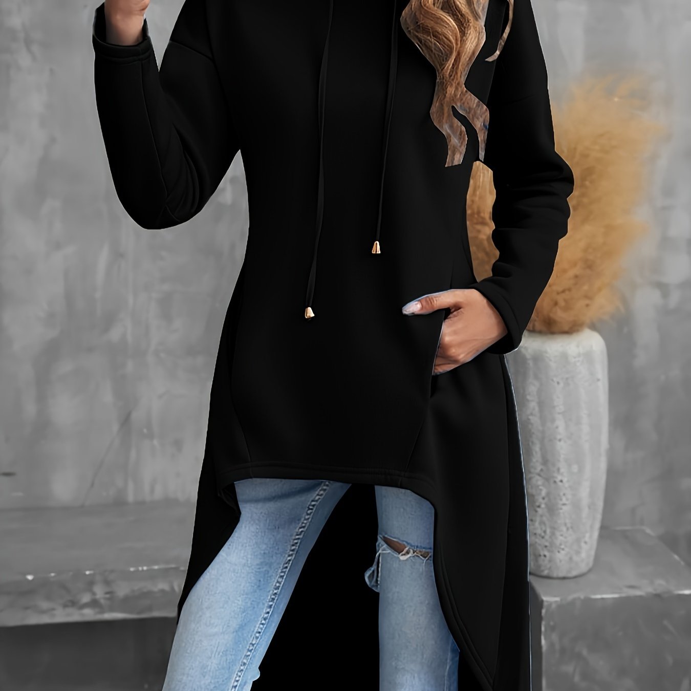 Solid Color Hig-low Hoodie, Casual Long Sleeve Drawstring Hoodie Sweatshirt, Women's Clothing