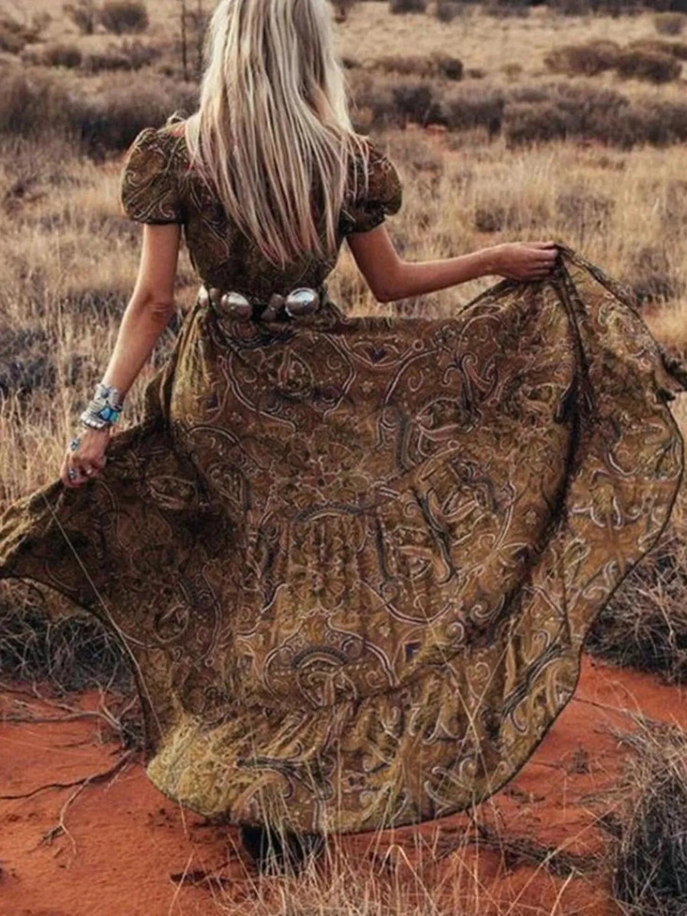 Full Size Printed Puff Sleeve Maxi Dress Plus Size