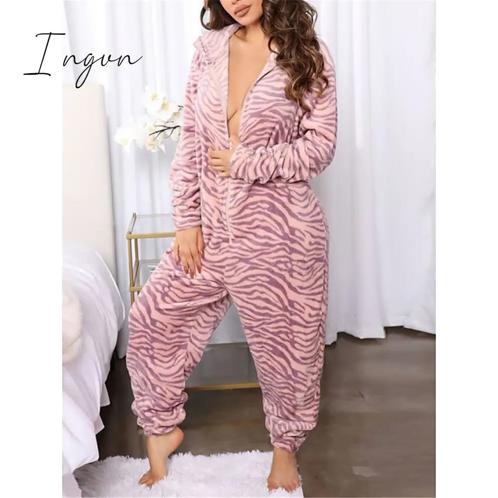 Ingvn - Women's Pajamas Jumpsuit Leopard Star Warm Comfort Plush Home Christmas Flannel Warm Breathable Hoodie Long Sleeve Pocket Fall Winter Leopard Print Moon blue