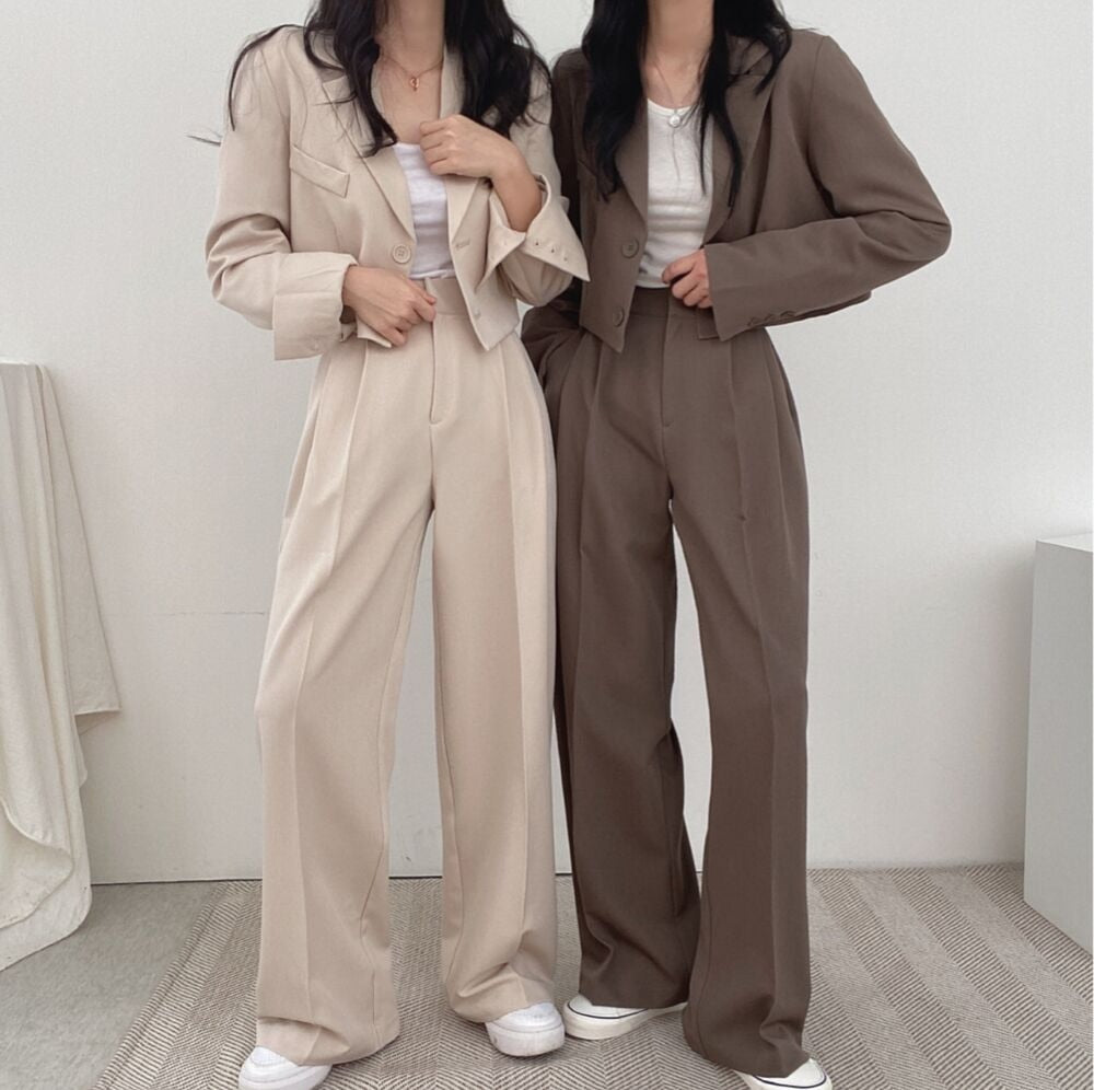 Korean Style Office Lady Blazer Sets Autumn Loose 2 Two Piece Set Women Long Sleeve Short Suit Coat + Straight Suit Pants Suits