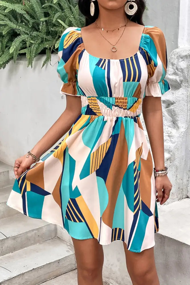 Ingvn - Printed Smocked Waist Flounce Sleeve Dress