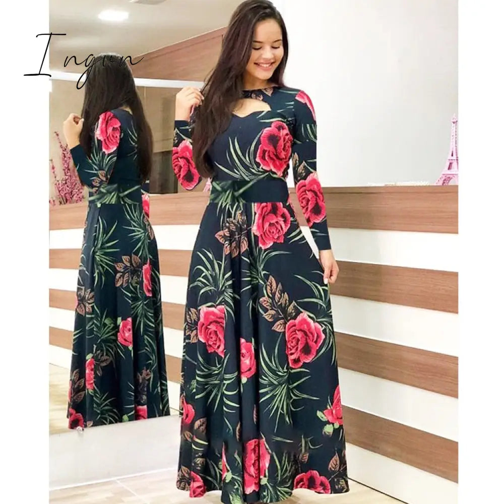 Ingvn - S- 5XL Plus Size Elegant Oversized Tunic Women Dress Bohmia Flower Print Maxi Dresses Fashion Hollow Out Long Vestidos