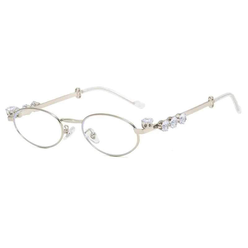 INGVN  Metal Oval Shades Women Men Rhinestone Diamonds Sunglasses 2024 Unisex Bling Eyeglasses Frames  Uv400 Fashion Eyewear Glasses