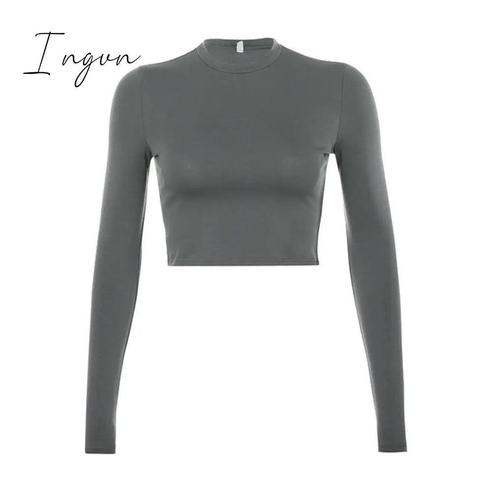 Ingvn - Solid Basic Long Sleeve Womens Tshirt Casual Black White Fashion Crop Top T Shirt Ladies Fashion Korean Tee Shirt