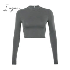 Ingvn - Solid Basic Long Sleeve Womens Tshirt Casual Black White Fashion Crop Top T Shirt Ladies Fashion Korean Tee Shirt