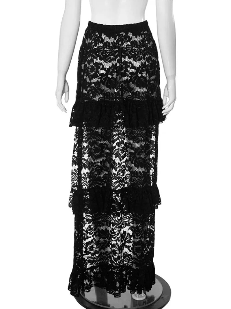Ingvn  Woman Clothing Sexy High Waist Long Skirts Fashion See-through Ruffles Skirt White Black Evening Party Dresses Y2K Streetwear