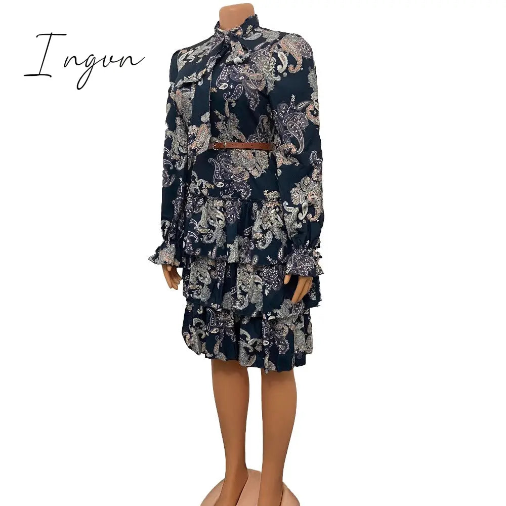 Ingvn - Women Printed Dresses Long Sleeves Bowtie Cake Dress Female Ruffles Pleated Africn Fashion Lovely Date Sweet Vestidos Plus Size