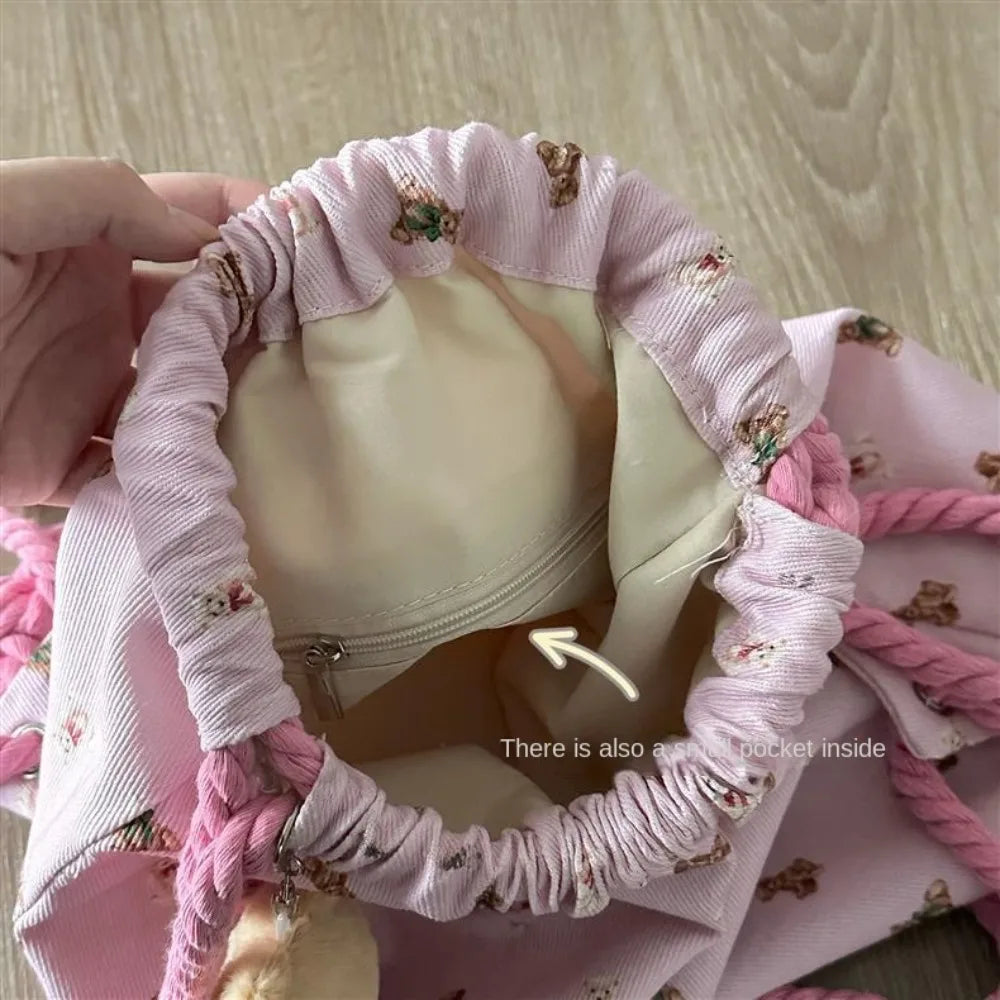 Ingvn  Strap Pocket Drawstring Backpack for Women Casual Cute Pattern Versatile Backpack Canvas Bag Student Backpack