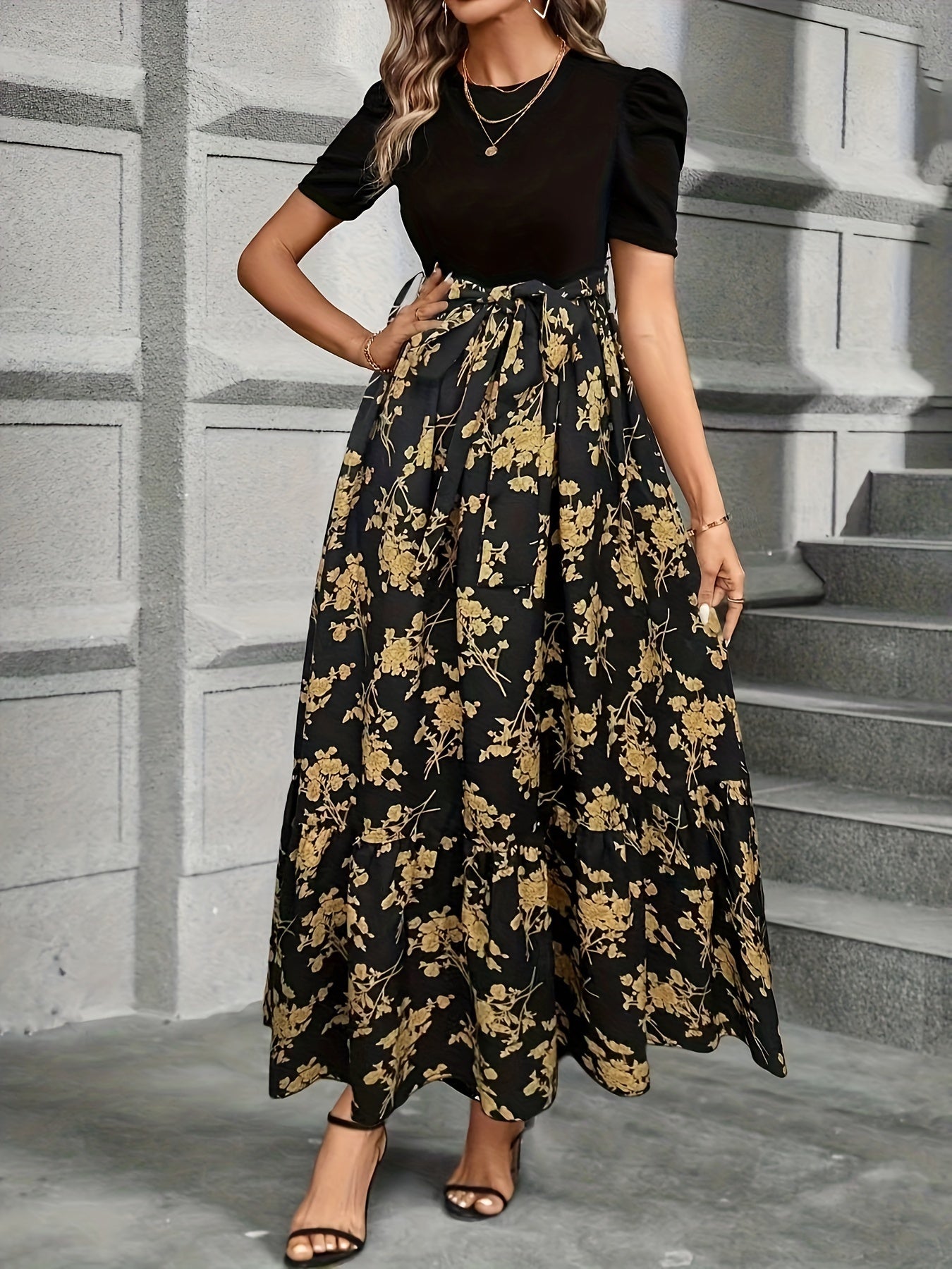 Lace Up Floral Print Splicing Dress, Elegant Crew Neck Short Sleeve Dress For Spring & Summer, Women's Clothing