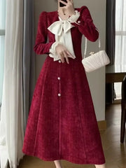 Vintage Red Wedding Party Midi Dresses for Women Autumn New Elegant Chic Birthday Evening Prom Long Sleeves Female Clothing