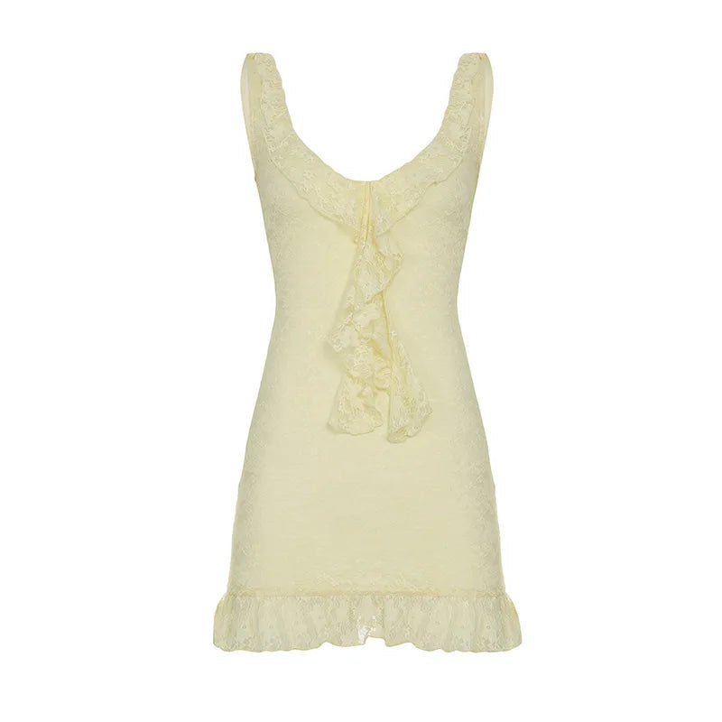 Lace Sleeveless Ruffle Sexy Mini Dress For Women Robe Elegant Deep V Neck Backless Bodycon Club Party Dress Vestido