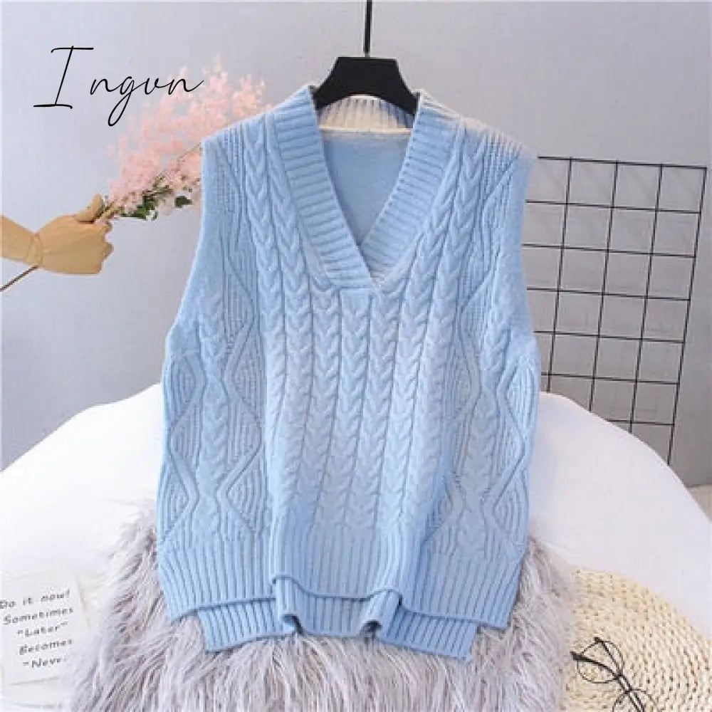 Ingvn - Autumn Women's Sweater Vest V-neck Sleeveless Irregular Casual Loose Knitted Pullover Tops Female Outerwear