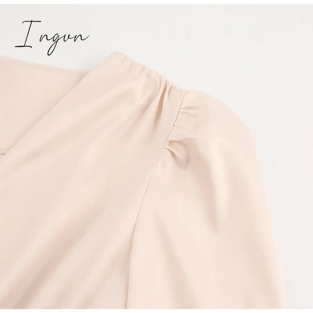 Ingvn - Elegant spring satin bishop sleeve a-line dress women V-neck high waist button dress solid Vintage long dresses chic