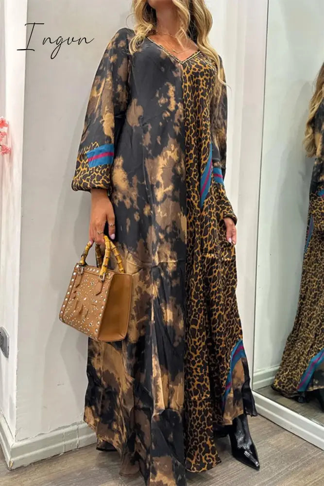 Ingvn - College Leopard Printing V Neck Printed Dress Dresses
