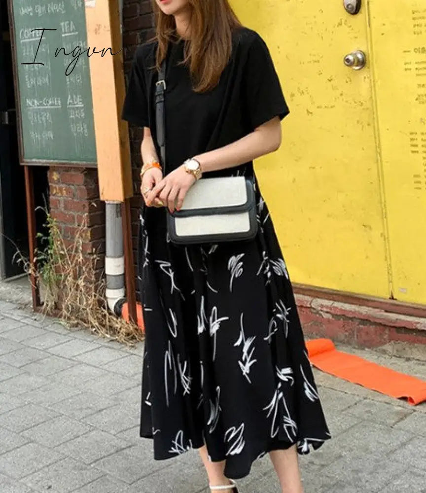 Ingvn - Autumn Women Plus Size XL-5XL Ladies Long Sleeve T-Shirt Dress Patchwork Print Robe Fake Two Piece Dress D08108R
