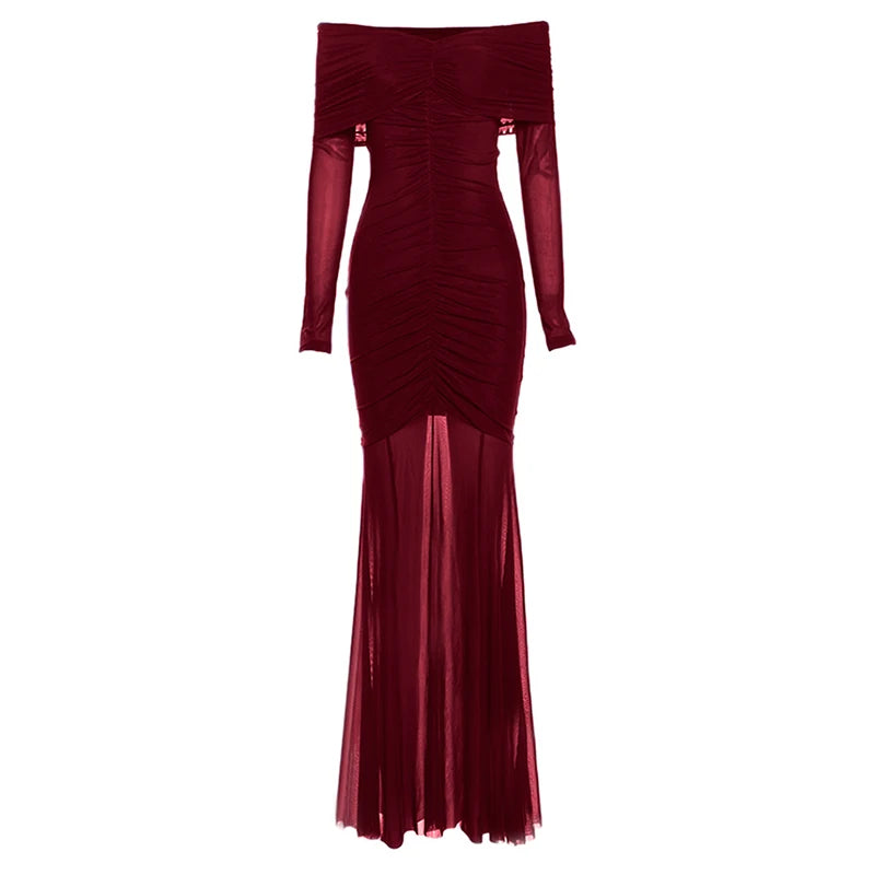 Sexy V-neck Ruched Evening Dress Women Red Retro Long Sleeve Sheer Mesh Fishtail Maxi Long One-piece Formal Party Gown