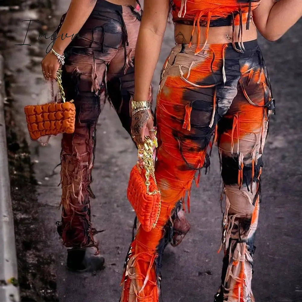 Ingvn - Tie Dye Fringe Pant Cargo Trousers Y2K Streetwear Fashion 2023 Women Summer Clothes Pencil Casual Tassel Sweat Pants Joggers