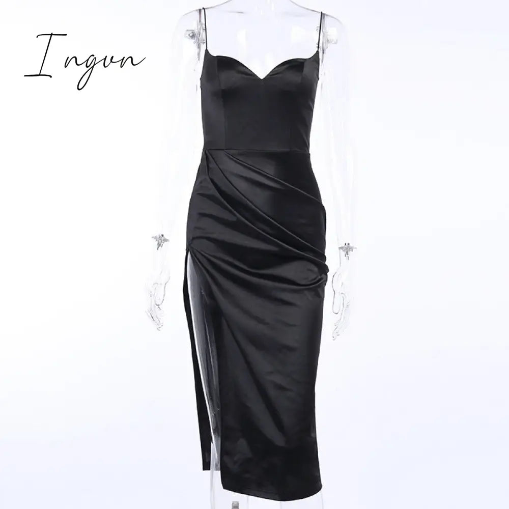 Ingvn - Summer Dresses For Women Sexy Black Satin Spaghetti Straps Low Cut Long Dress Women Summer Ruched Side High Split Maxi Dress Elegant Party Club