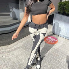 Ingvn - Women Skeleton Printed Jeans Trousers Casual Halloween Pattern Mid-waist Button Pencil Pants Autumn Y2K Gothic Fashion Bottoms